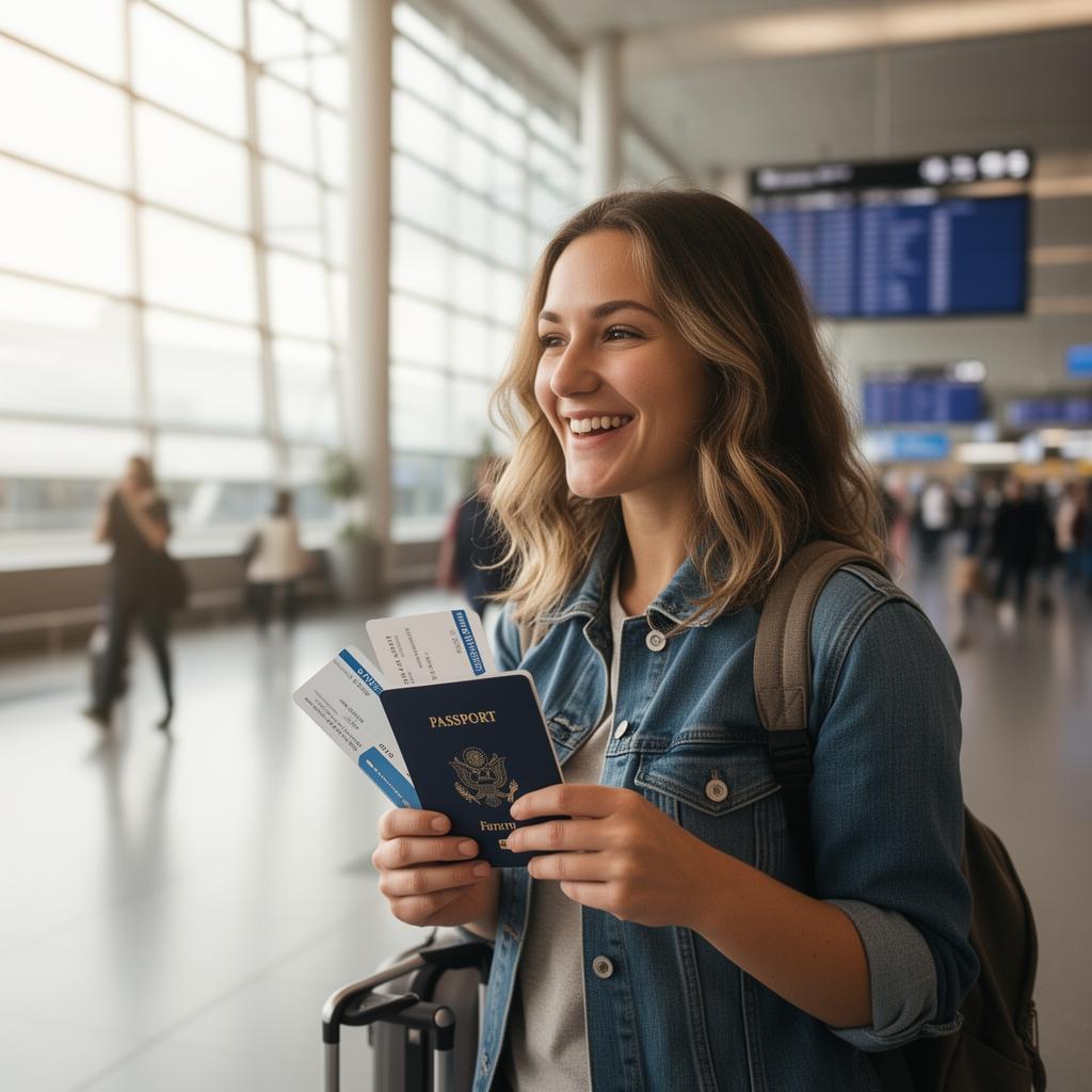 Traveler holding passport and boarding pass at airport